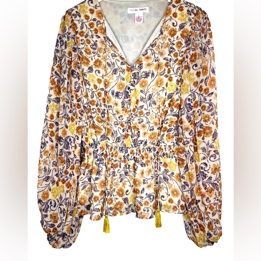 Flying Tomato Yellow and Purple Floral V-Neck Blouse Balloon Sleeves Tassels